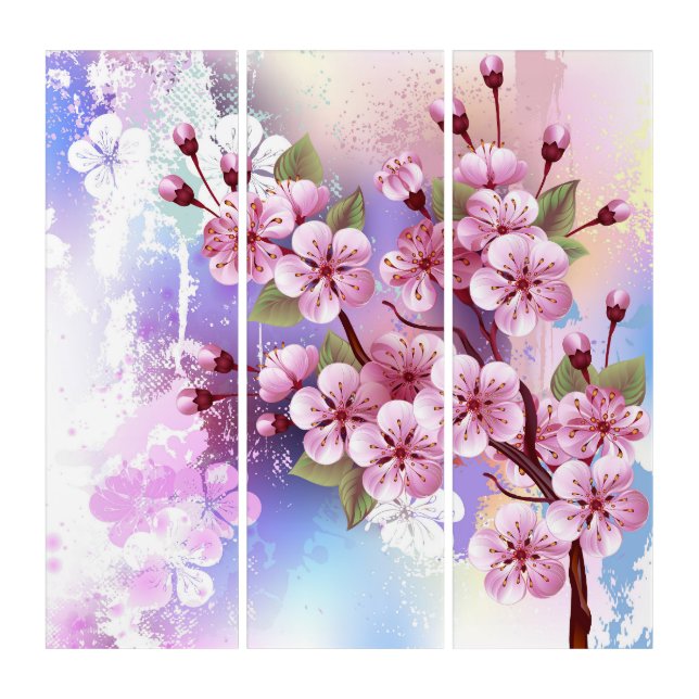 Pink Sakura on Painting Background Triptych (Front)