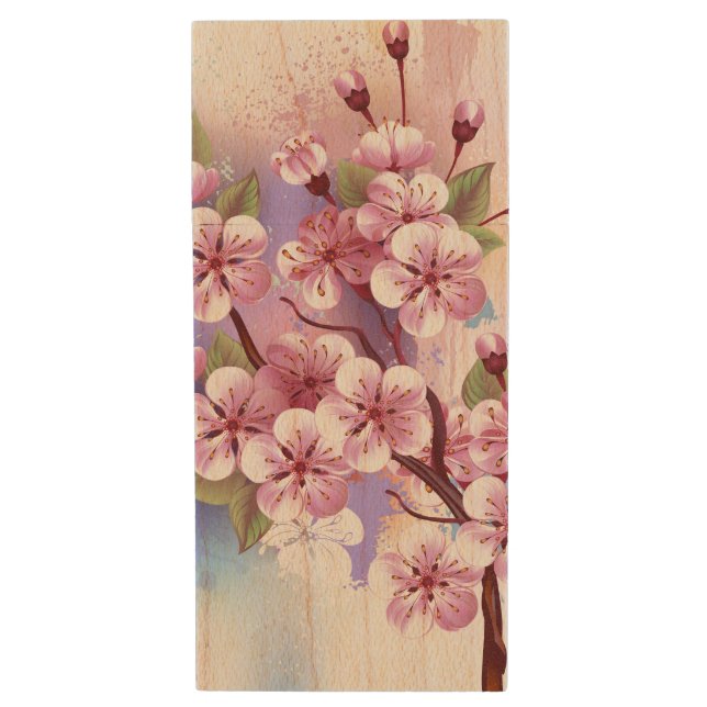 Pink Sakura on Painting Background Wood Flash Drive (Front Vertical)