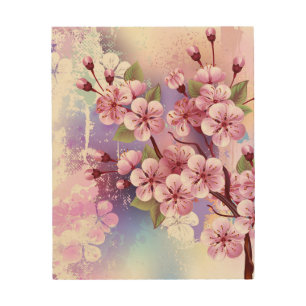 Pink Sakura on Painting Background Wood Wall Art