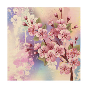 Pink Sakura on Painting Background Wood Wall Art
