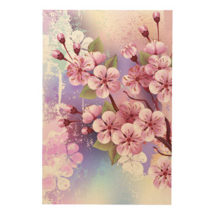 Pink Sakura on Painting Background Wood Wall Art