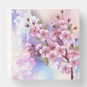 Pink Sakura on Painting Background Wooden Box Sign