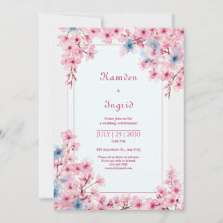 Pink Sakura Periwinkle Blue Romantic Frame Wedding Invitation