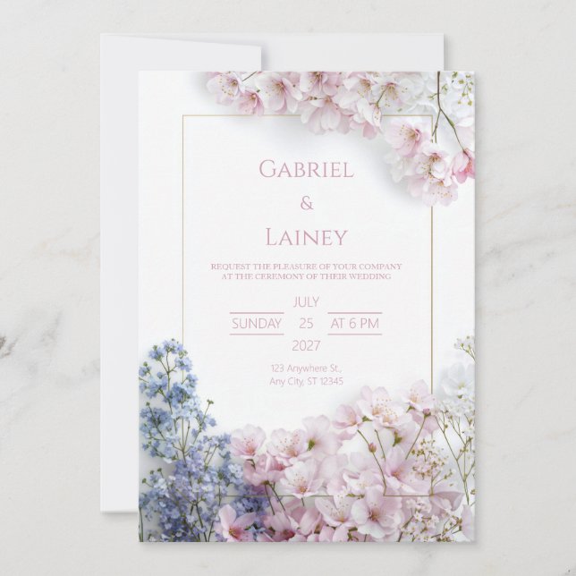Pink Sakura Teal Leaf Gold Frame Wreath Wedding Invitation (Front)