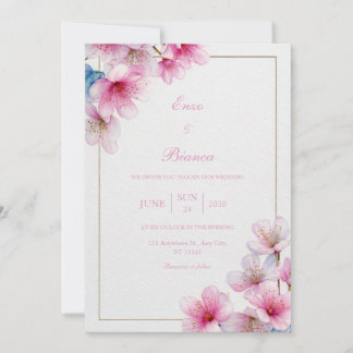 Pink Sakura Textured Paper Gold Frame Wedding Invitation