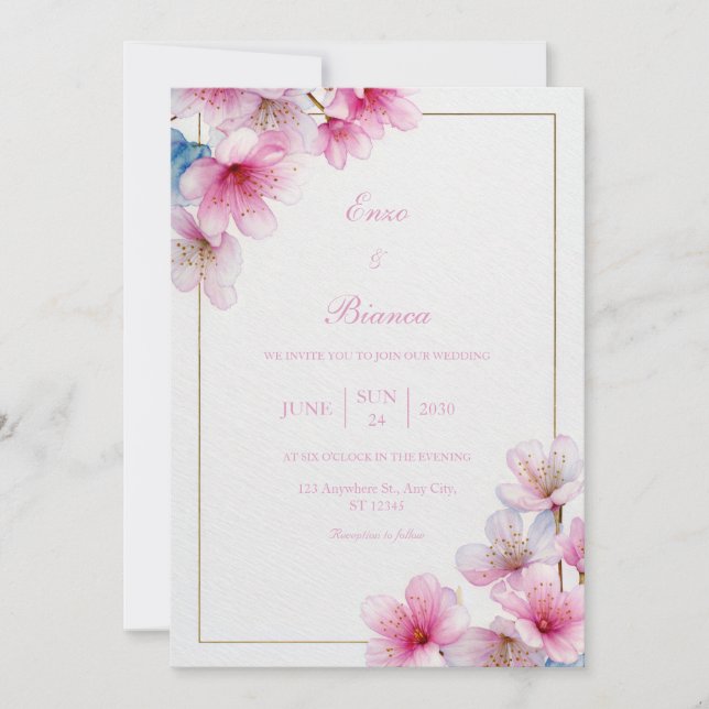 Pink Sakura Textured Paper Gold Frame Wedding Invitation (Front)
