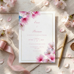 Pink Sakura Textured Paper Gold Frame Wedding Invitation