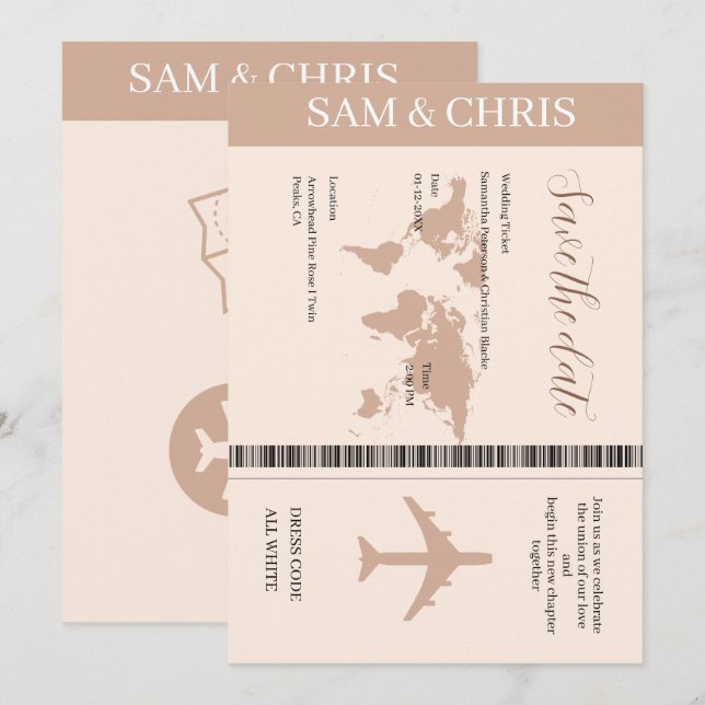 Pink Salmon Boarding Pass World Map Travel Invitation (Front/Back)
