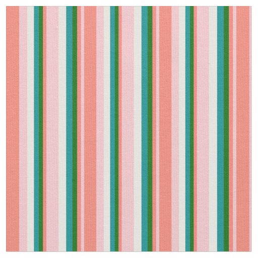 Pink, Salmon, Dark Green, Dark Cyan & White Lines Fabric
