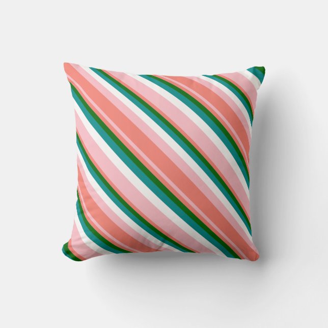 Pink, Salmon, Dark Green, Dark Cyan & White Lines Throw Pillow (Front)