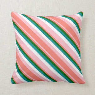 Pink, Salmon, Dark Green, Dark Cyan & White Lines Throw Pillow