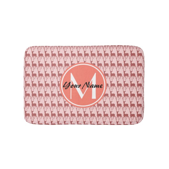 Pink Salmon Deer, Custom Monogram, Personalized Bath Mat (Front)