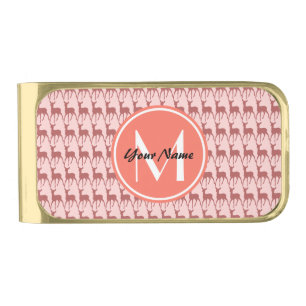 Pink Salmon Deer, Custom Monogram, Personalized Gold Finish Money Clip