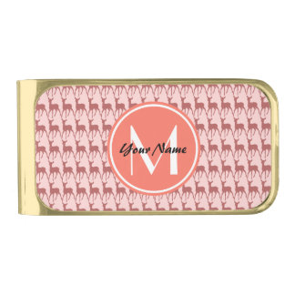 Pink Salmon Deer, Custom Monogram, Personalized Gold Finish Money Clip