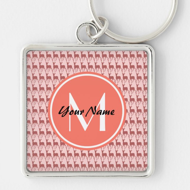 Pink Salmon Deer, Custom Monogram, Personalized Keychain (Front)