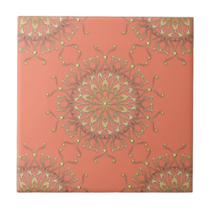 Pink Salmon & Gold Filigree Mandala With Diamonds Ceramic Tile