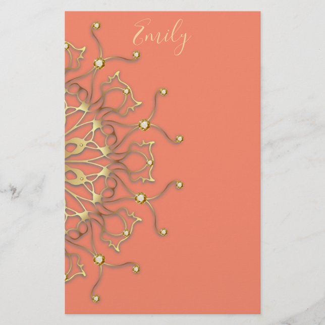 Pink Salmon & Gold Filigree Mandala With Diamonds  Stationery (Front)