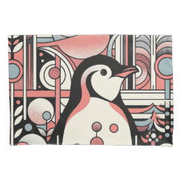 Pink Salmon Penguin Art In Geometry Retro Pastel  Pillow Case