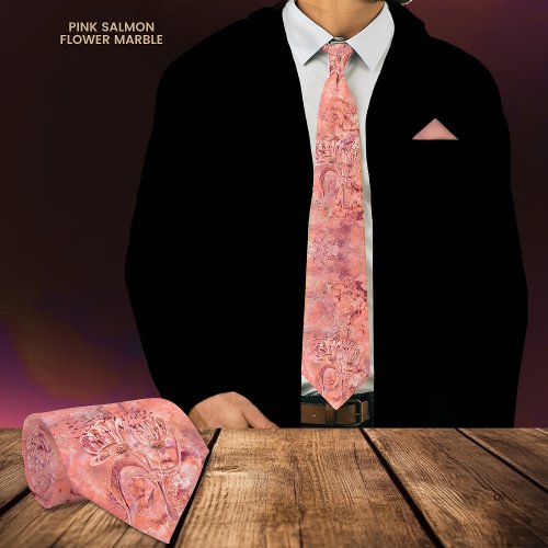 Pink Salmon Pink Flower Marble Neck Tie