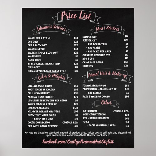 Pink Salon Price List Poster