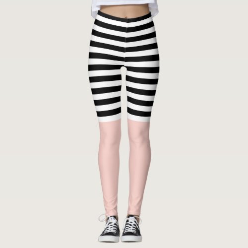 Pink Salt With Black and White Stripes Leggings