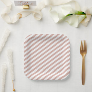 Pink Sand Color Diagonal Stripes Striped Wedding Paper Plates