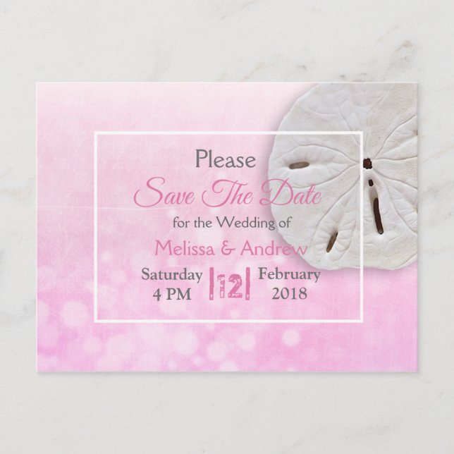 Pink Sand Dollar Themed Wedding Save the Date Announcement Postcard (Front)