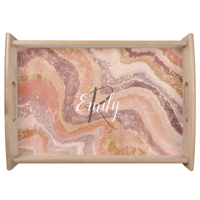 Pink Sandstone Agate Marble Abstract Name Monogram Serving Tray (Front)
