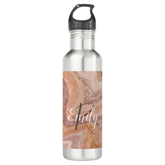 Pink Sandstone Agate Marble Abstract Name Monogram Stainless Steel Water Bottle (Front)