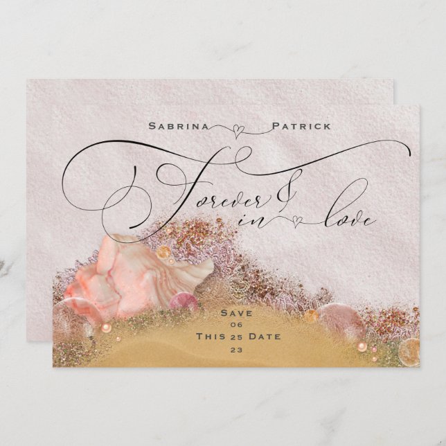Pink Sandy Beach Seashells  Forever in Love Invitation (Front/Back)