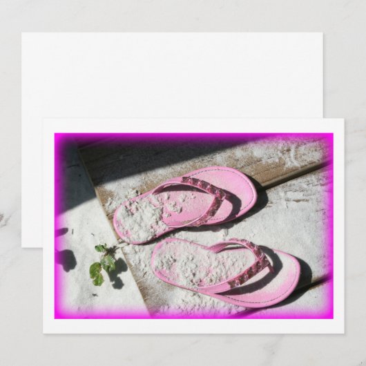 Pink sandy flip flop sandals on Florida beach (Front/Back)