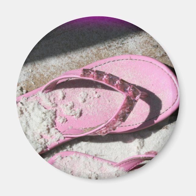 Pink sandy flip flop sandals on Florida beach Magnet (Front)