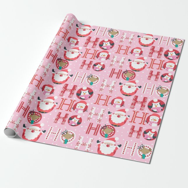 Pink Santa and Rudolph Christmas Fun Wrapping Paper (Unrolled)