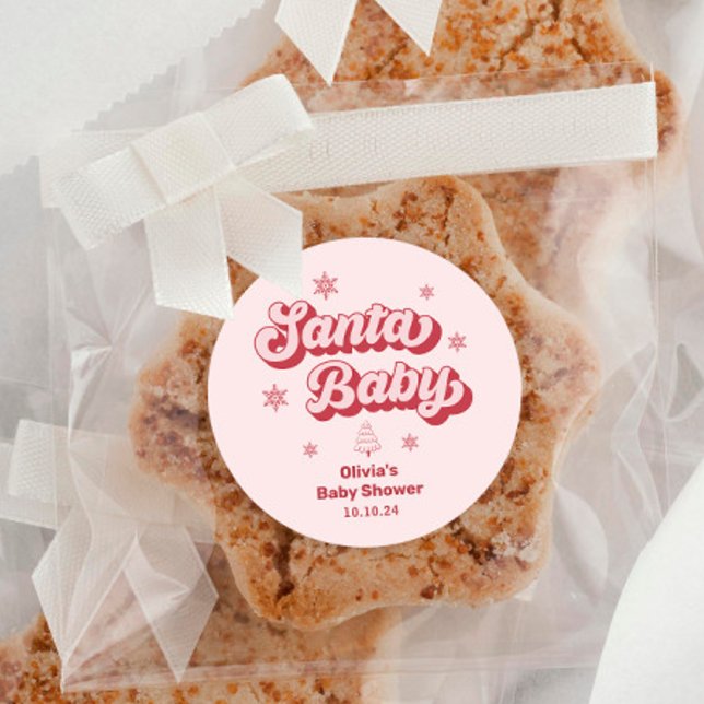 Pink Santa Baby Baby Shower Favor Classic Round Sticker (Creator Uploaded)