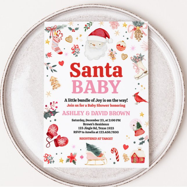 Pink Santa Baby Baby Shower  Invitation (Girl Santa Baby Baby Shower Invitation)