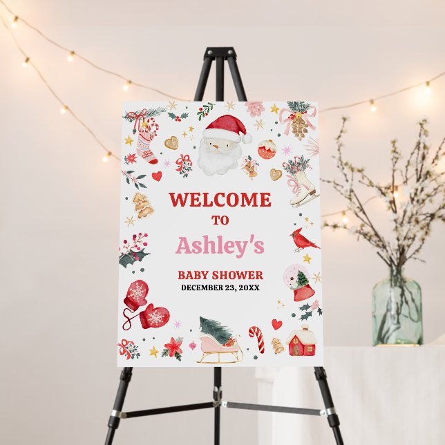 Pink Santa Baby Baby Shower Welcome Sign (In Situ (Stand))