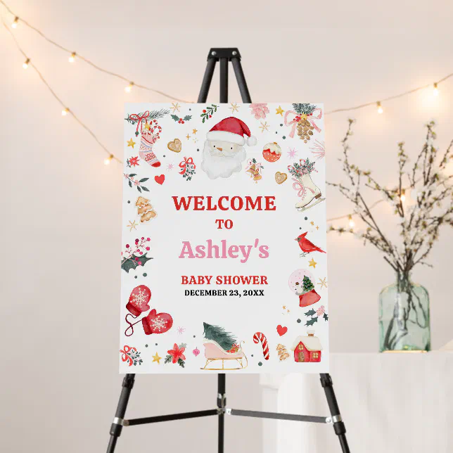 Pink Santa Baby Baby Shower Welcome Sign | Zazzle