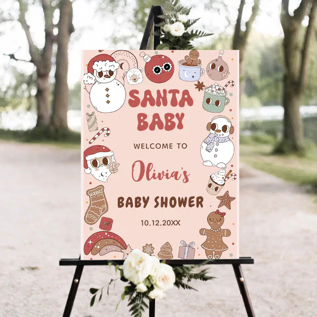 Pink Santa Baby Christmas Baby Shower Welcome Sign | Zazzle