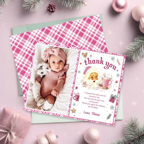 Pink Santa Christmas Birthday Photo Thank You Card