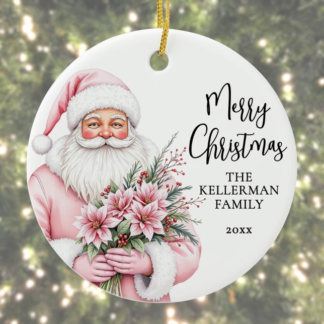 Pink Santa Christmas Ceramic Ornament (Pink Santa Merry Christmas Ceramic Ornament)