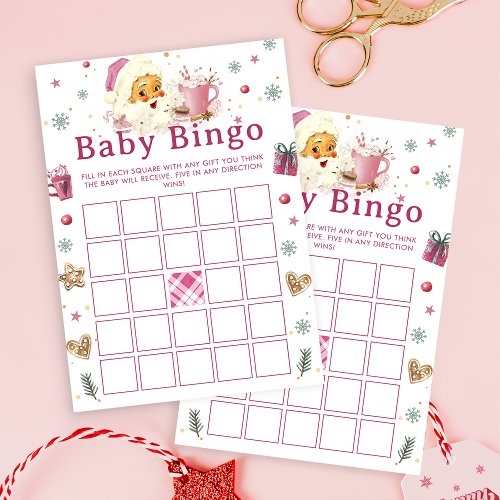 Pink Santa Christmas Cookie Baby Shower Bingo Game Invitation