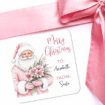 Pink Santa Christmas Gift Tag Sticker<br><div class="desc">Add a festive and feminine touch to your holiday wrapping with this square Christmas gift tag sticker featuring a stylish watercolor Santa Claus on the left side. Santa is dressed in a soft pink coat and matching hat, holding a bouquet of pink poinsettias, holly berries, and pine sprigs—bringing a whimsical...</div>