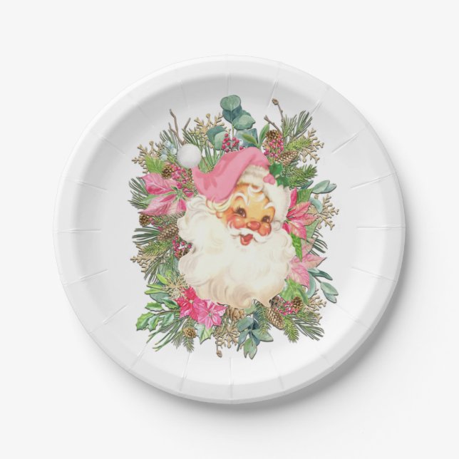 Pink Santa Claus and Floral Spray Paper Plates (Front)
