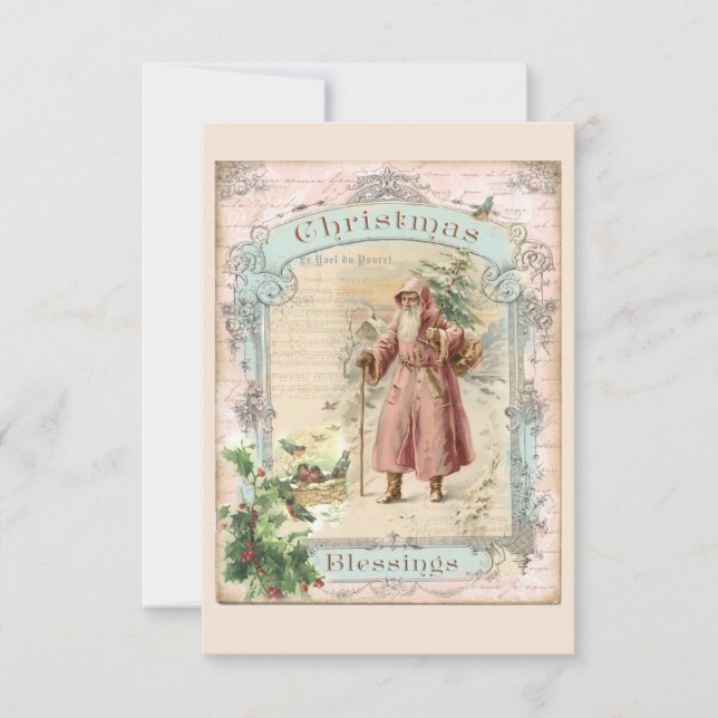 Pink Santa Claus Christmas Victorian Style Thank You Card (Front)
