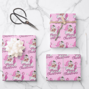Pink Santa Claus Merry Christmas Vintage Pink Wrapping Paper Sheets