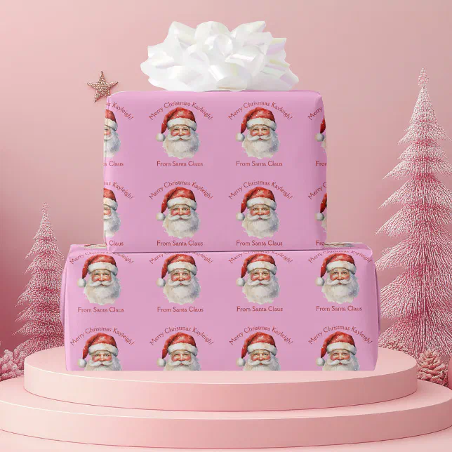 Pink Santa Claus Personalized Girls Christmas Wrapping Paper
