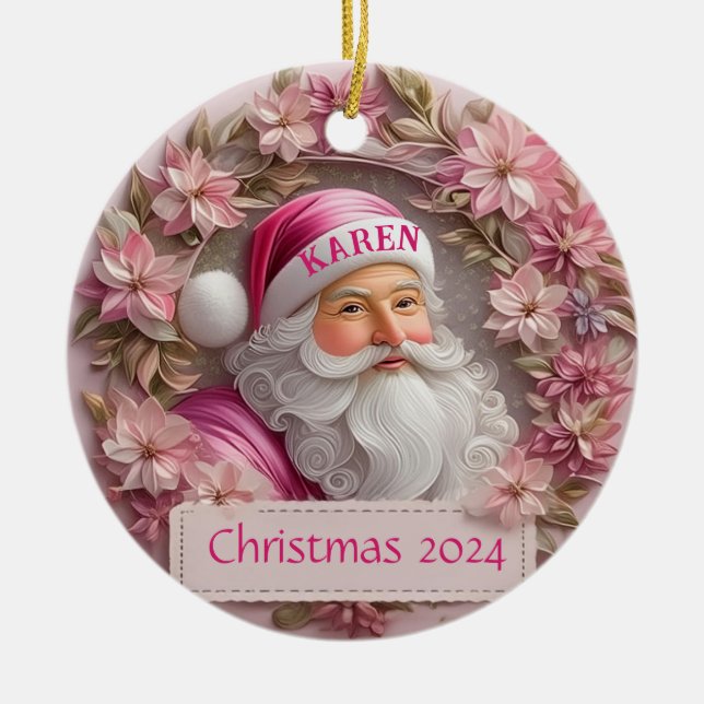 Pink Santa Claus Personalized Ornament (Front)