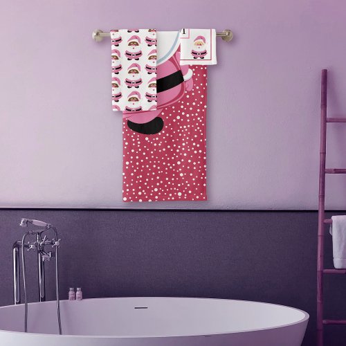Pink Santa Claus snowflakes monogram Christmas Bath Towel Set