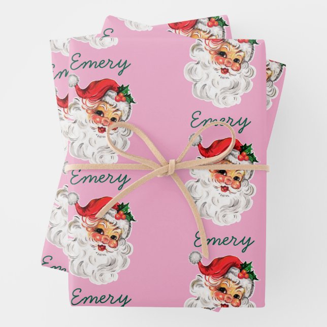 Pink Santa Face Customised Christmas Holiday xmas Wrapping Paper Sheets (In situ)