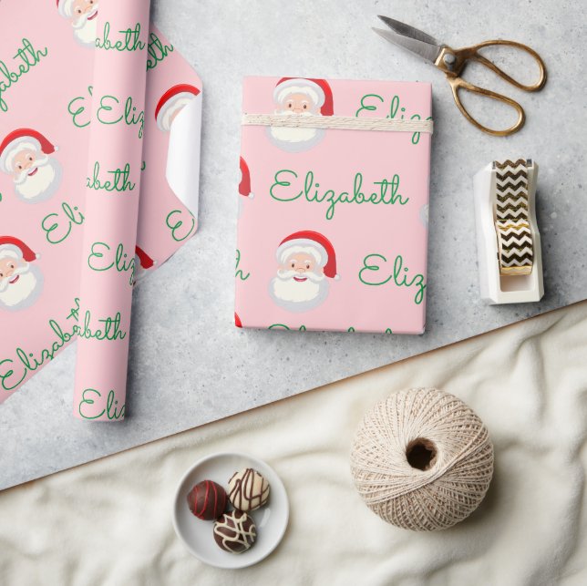 Pink Santa Face Personalize Christmas Holiday gift Wrapping Paper (Crafts)